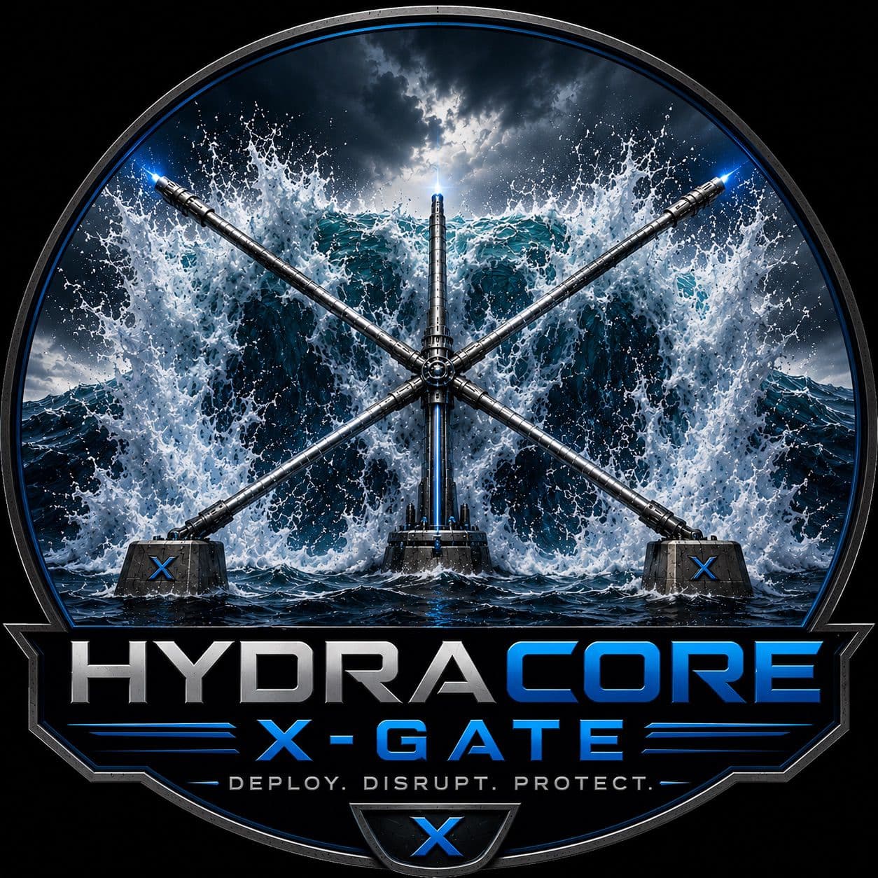 HydraCore X-Gate emblem: crossed deployable gate arms over breaking water, above the HydraCore X-Gate wordmark reading Deploy. Disrupt. Protect.