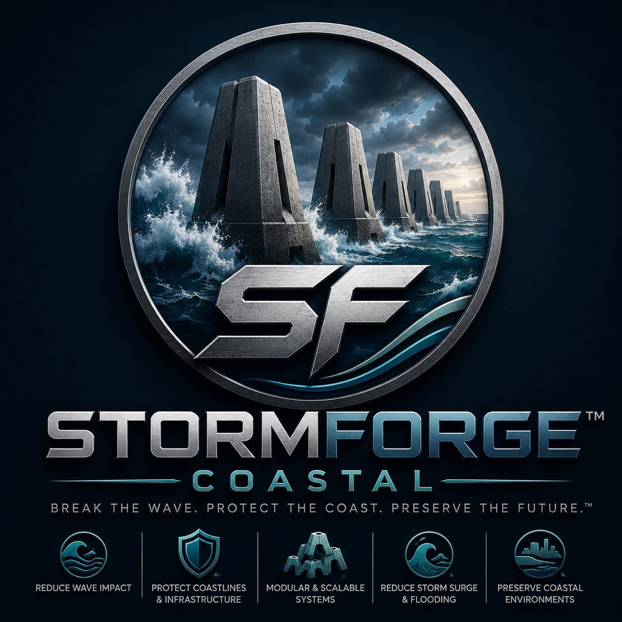 StormForge Coastal emblem: a row of modular concrete wave-attenuation structures in heavy surf inside a steel ring, above the StormForge Coastal wordmark.