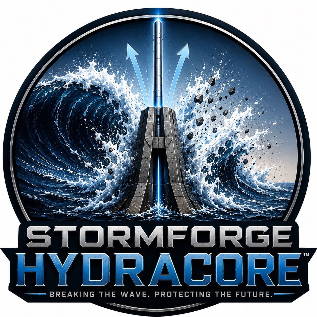 StormForge HydraCore emblem: a deployable surge rod rising from a stone base as a wave breaks around it, above the StormForge HydraCore wordmark.