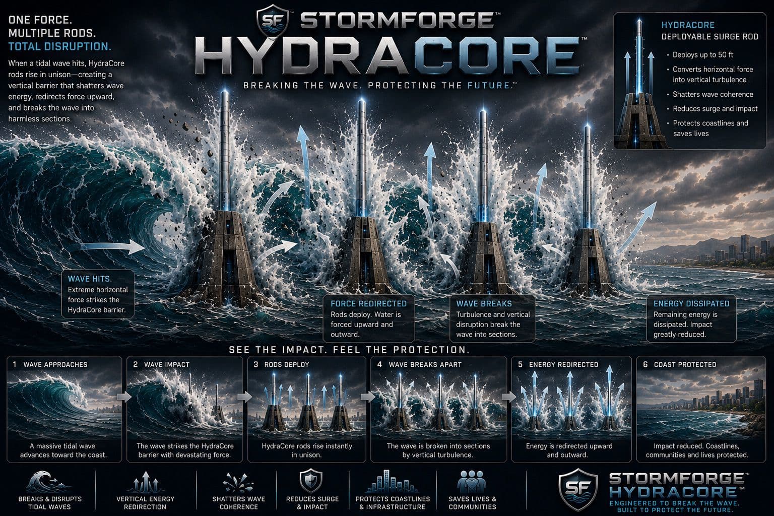 StormForge HydraCore conceptual visualization: a row of deployable surge rods rising from stone bases as a large wave strikes, with annotated callouts showing wave impact, rod deployment, wave break-up and energy dissipation across a six-step sequence.