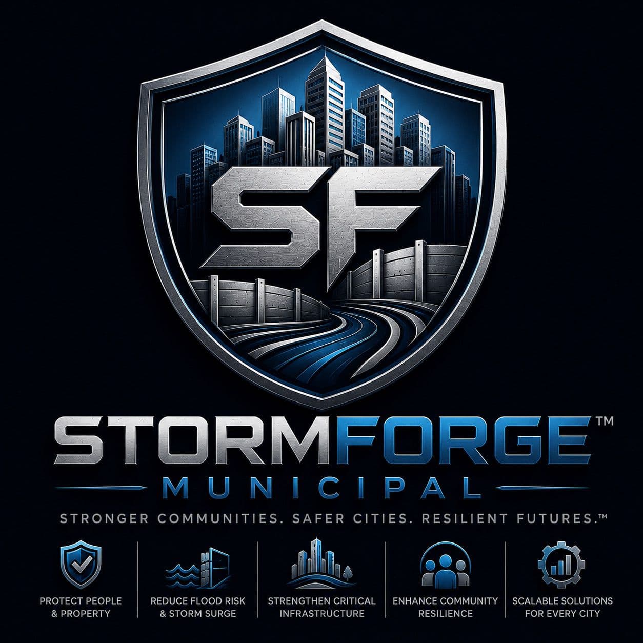 StormForge Municipal emblem: a steel shield holding a city skyline above flood barriers and roadways, with the StormForge Municipal wordmark beneath.
