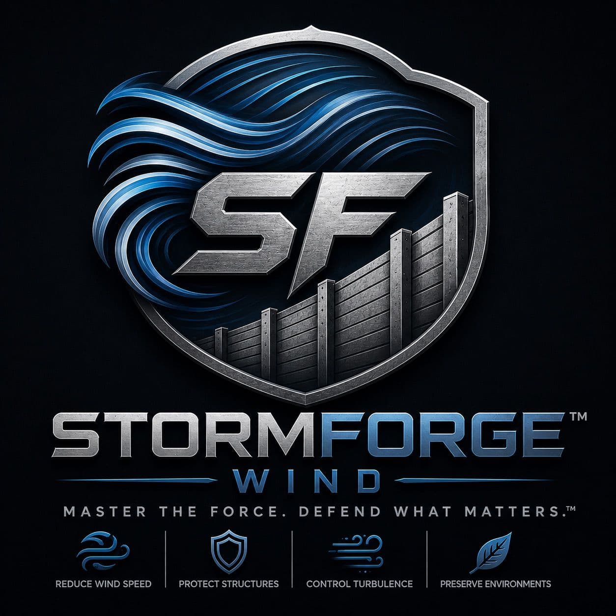 StormForge Wind emblem: a steel shield carrying the SF monogram with blue airflow streamlines curling over a stand-off barrier, above the StormForge Wind wordmark.